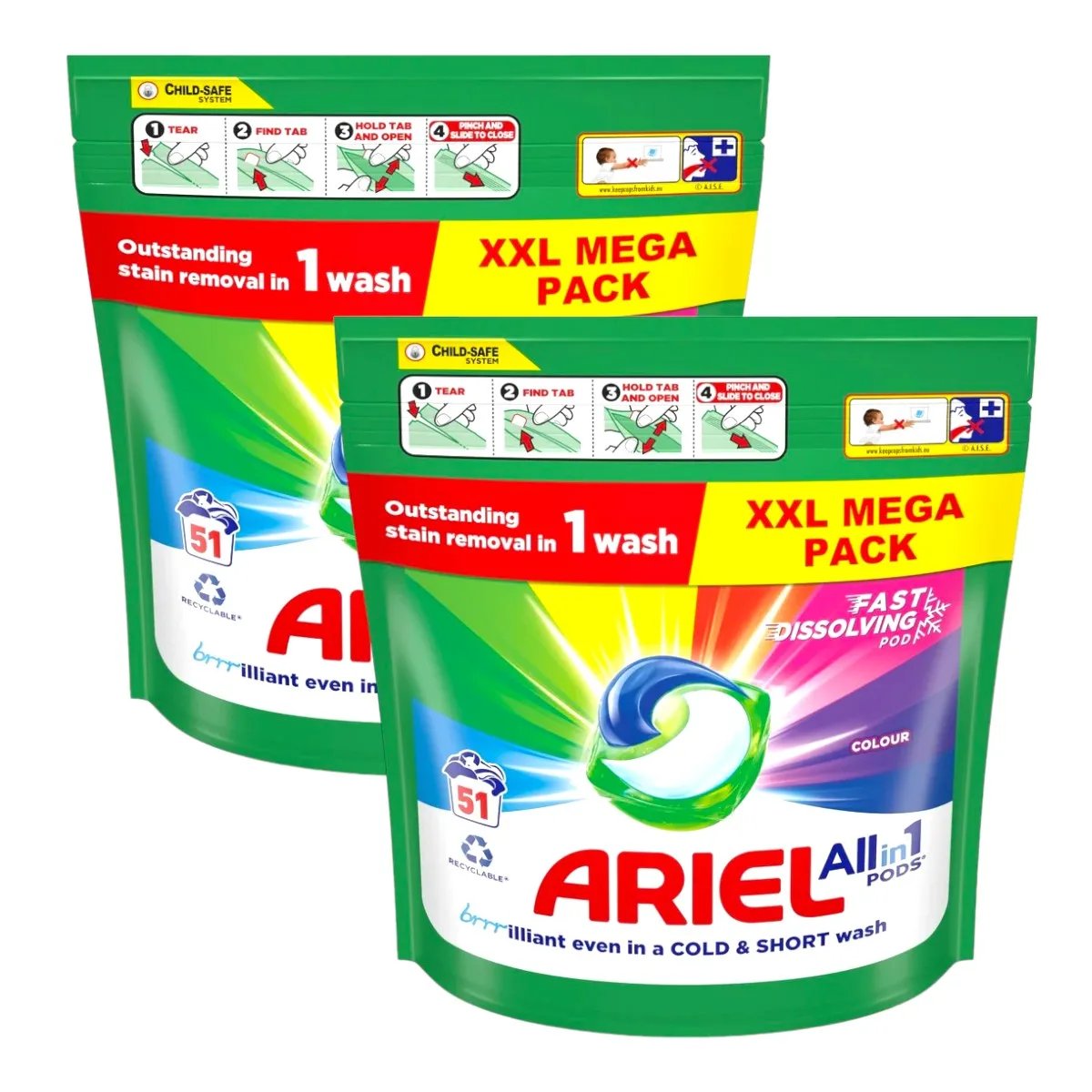 ARIEL All-in-One Pack de 2 bolsas de Detergente Lavadora Líquido en Cápsulas/Pastillas 51Lavados