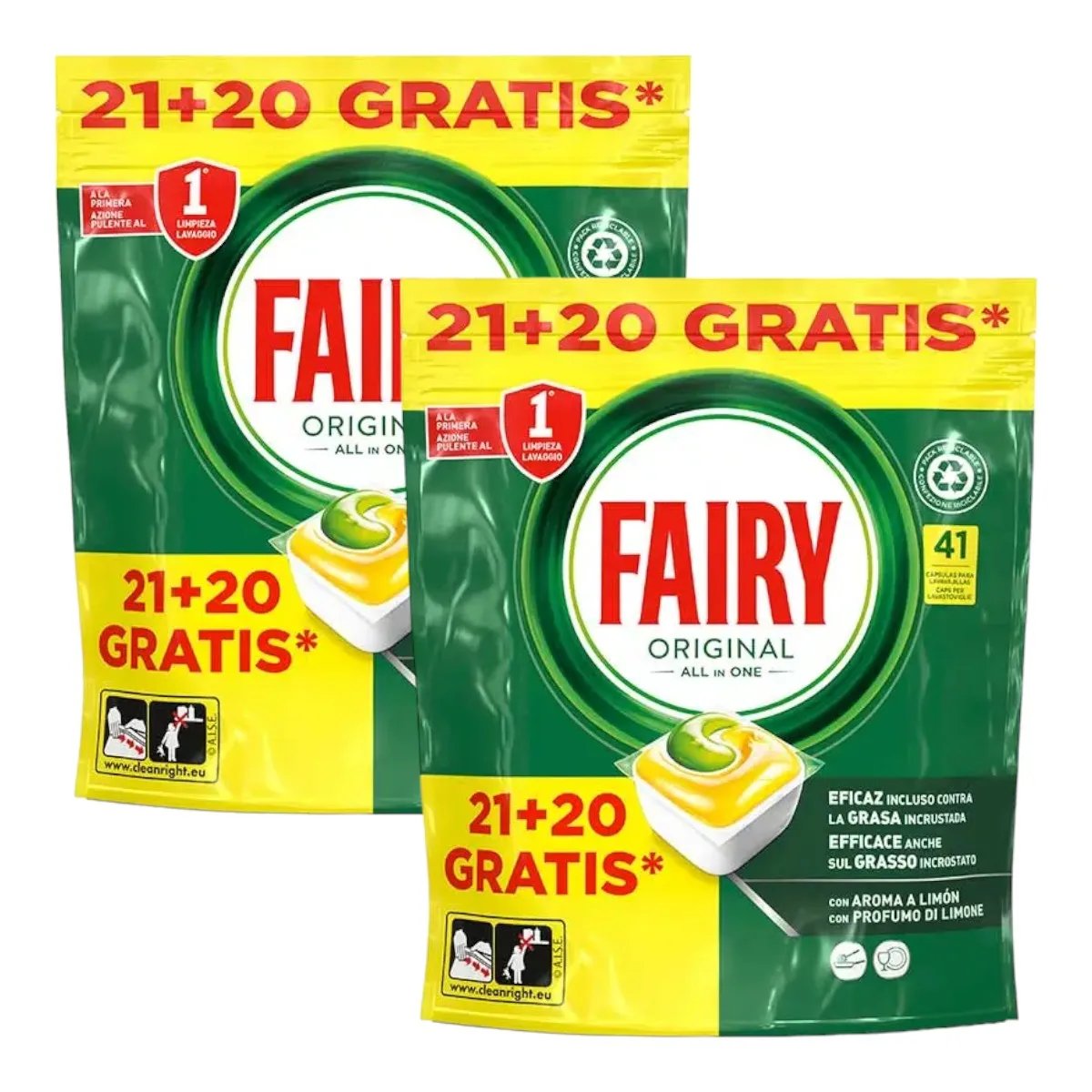 Fairy Original Pack de 2 bolsas de lavavajillas Todo En Uno Pastillas Lavavajillas 41 Capsulas