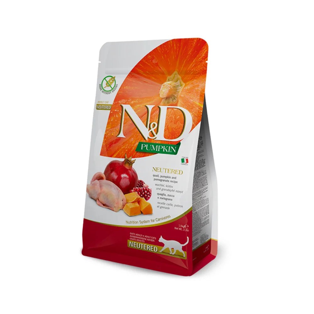 FARMINA N&D CAT PUMPKIN NEUTERED CODORNIZ Y CALABAZA PARA GATOS ADULTOS ESTERILIZADOS 5 Kg.