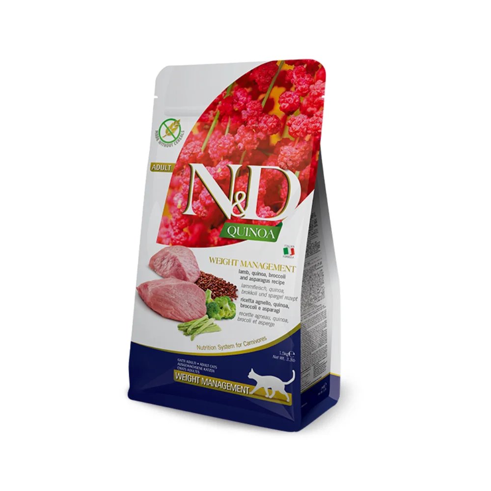 FARMINA N&D CAT QUINOA WEIGHT MANAGEMENT CORDERO PARA GATOS 5 Kg. Sin cereales y con ingredientes