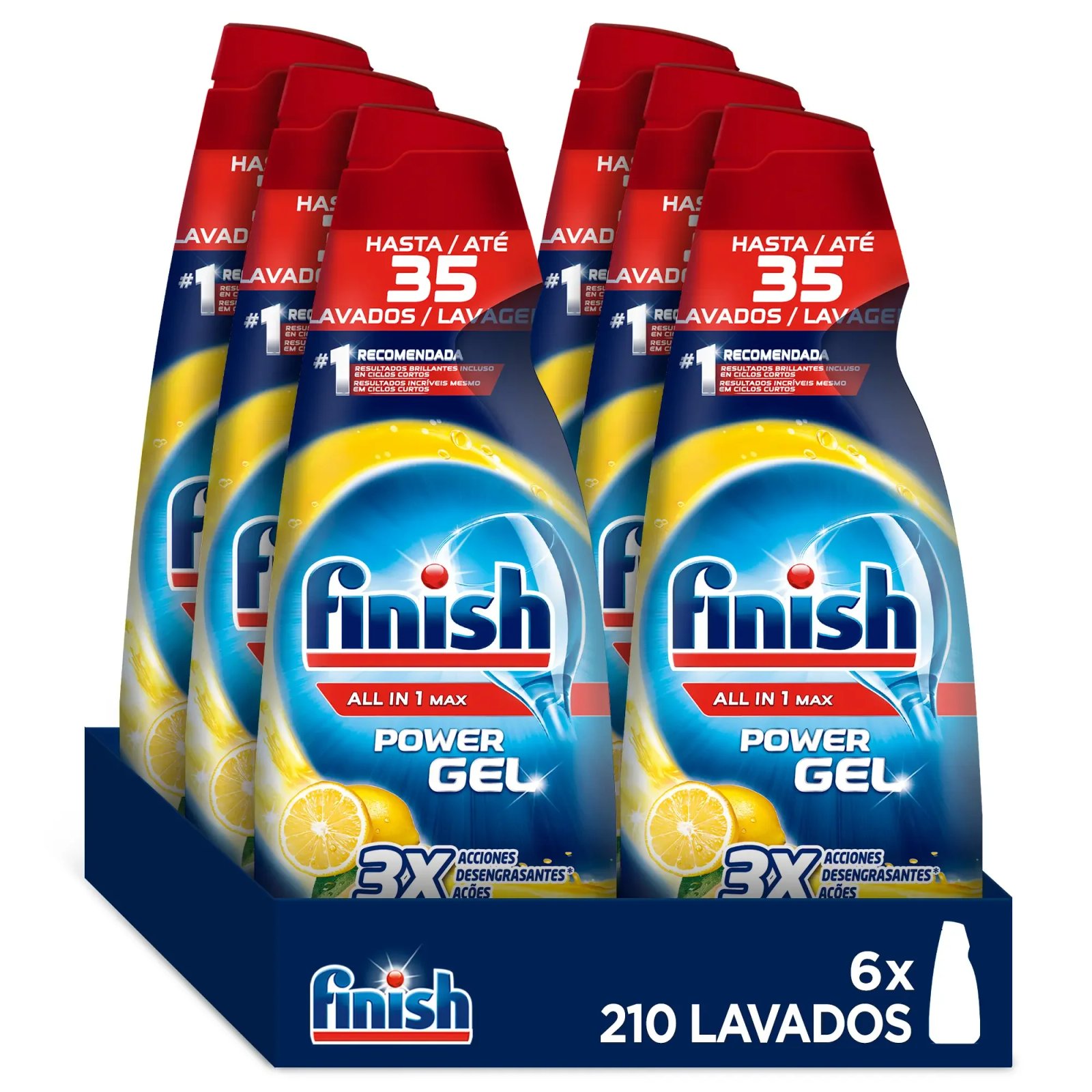 Finish 【Pack Ahorro】 All in 1 Max Power Gel Limón 210 Lavados Desengrasante Lavavajillas Pack 6x35