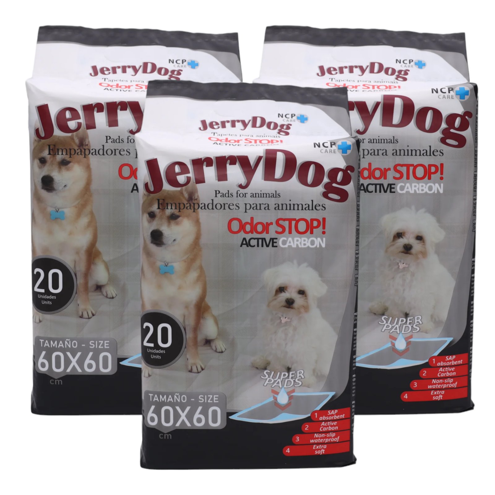 Jerry Dog Pack 3 Bolsas Empapadores con Carbón Activo para Animales Perros y Gatos (Total 60