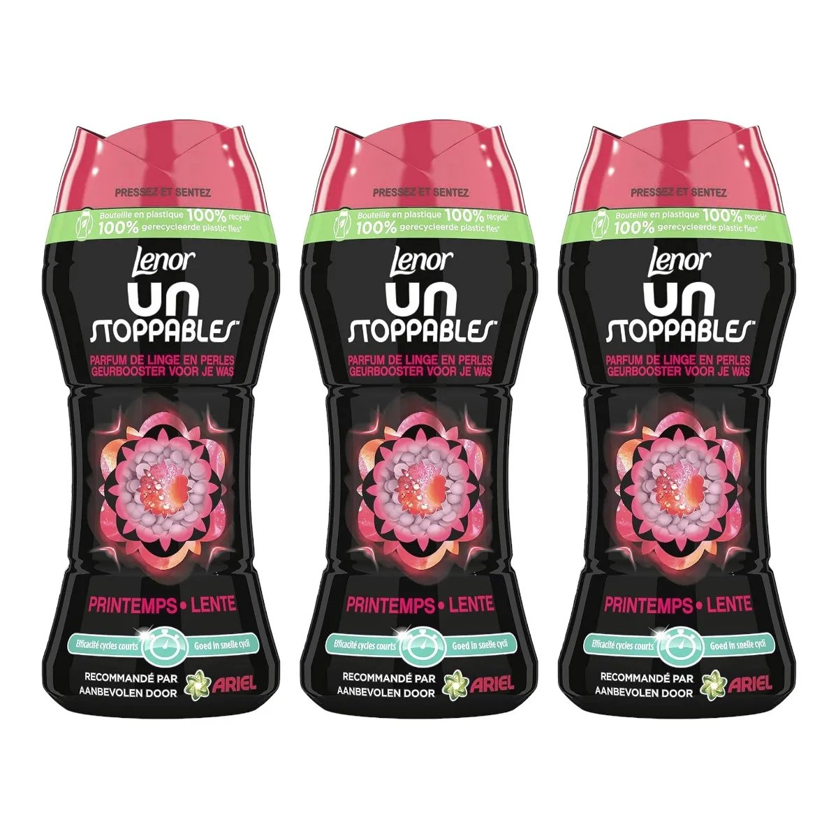 Lenor Unstoppables Printemps Pack de 3 botes de Perlas de Lavadora Perfumadas para ropa de colada