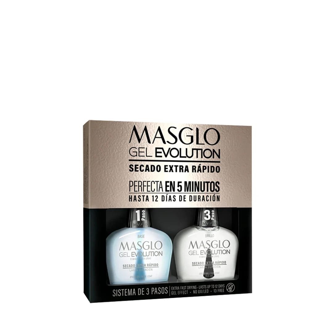 Masglo Gel Evolution Kit Base + Brillo 13,5mL - Kit para Esmaltado de Uñas de Secado Extra Rápido -