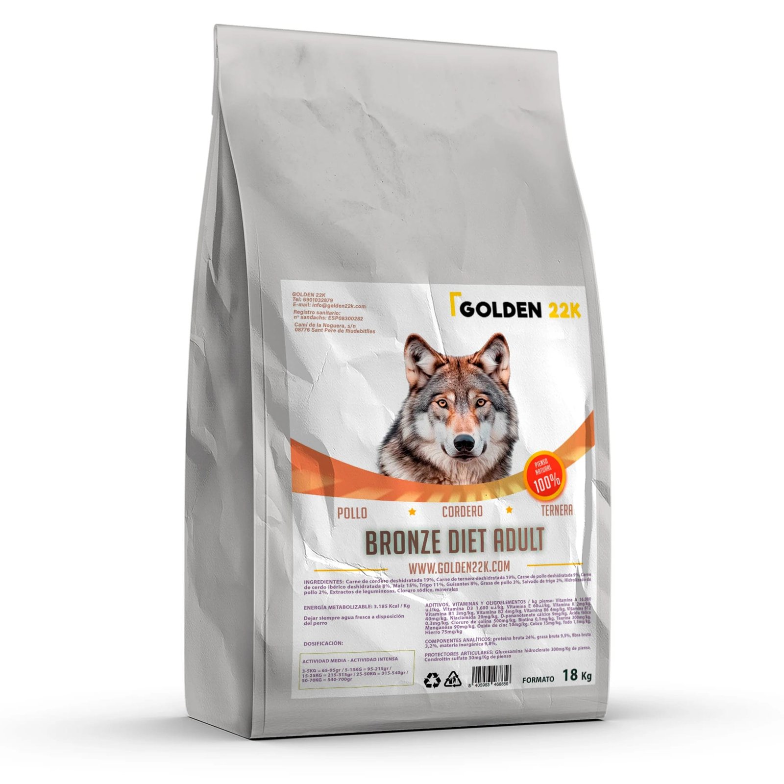 Pienso Golden 22k Bronze Diet para perros adultos (18kg) - Alimento seco de cordero para digestión