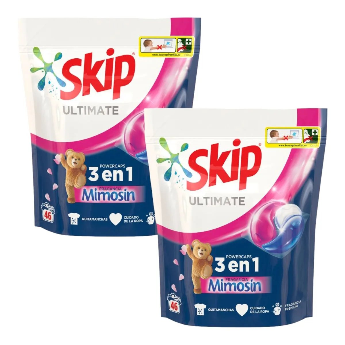 SKIP Pack 2 Bolsas de Detergente en cápsulas fragancia Mimosín acción 3 en 1 poder quitamanchas