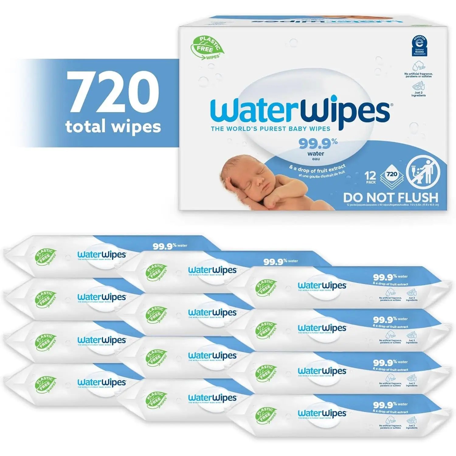 WaterWipes - Toallitas húmedas Originales sin plástico para bebés, 720 UNIDADES , 12 PAQUETES X 60